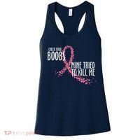 Check Your Boobs Mine Tried To Kill Me Pink Ribbon Heart Breast Cancer Women's Tank Top thumb 0