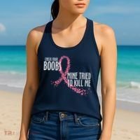 Check Your Boobs Mine Tried To Kill Me Pink Ribbon Heart Breast Cancer Women's Tank Top thumb 2