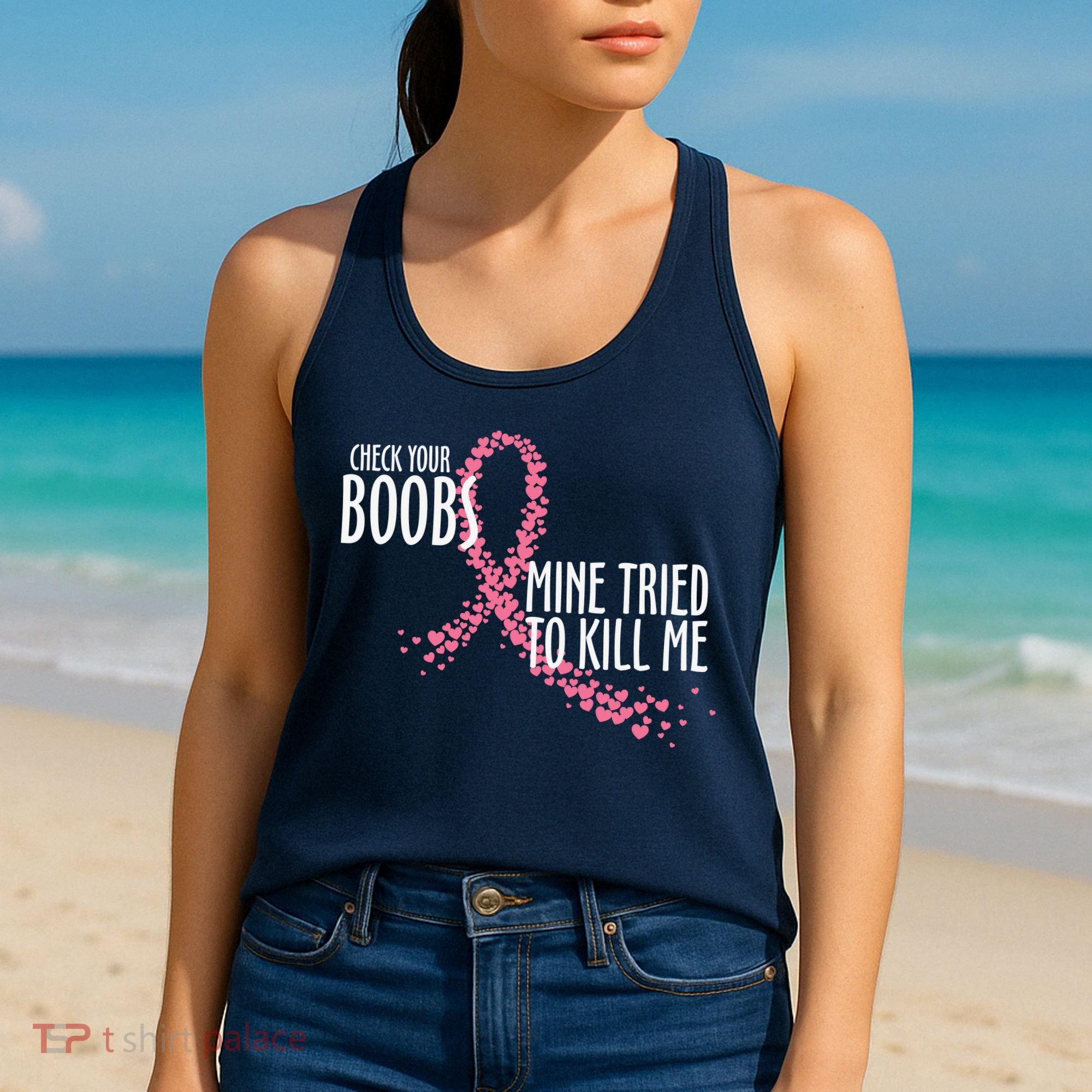 Check Your Boobs Mine Tried To Kill Me Pink Ribbon Heart Breast Cancer Women's Tank Top