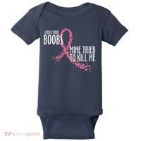 Check Your Boobs Mine Tried To Kill Me Pink Ribbon Heart Breast Cancer Baby Bodysuit thumb 0