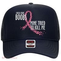 Check Your Boobs Mine Tried To Kill Me Pink Ribbon Heart Breast Cancer Hat thumb 0