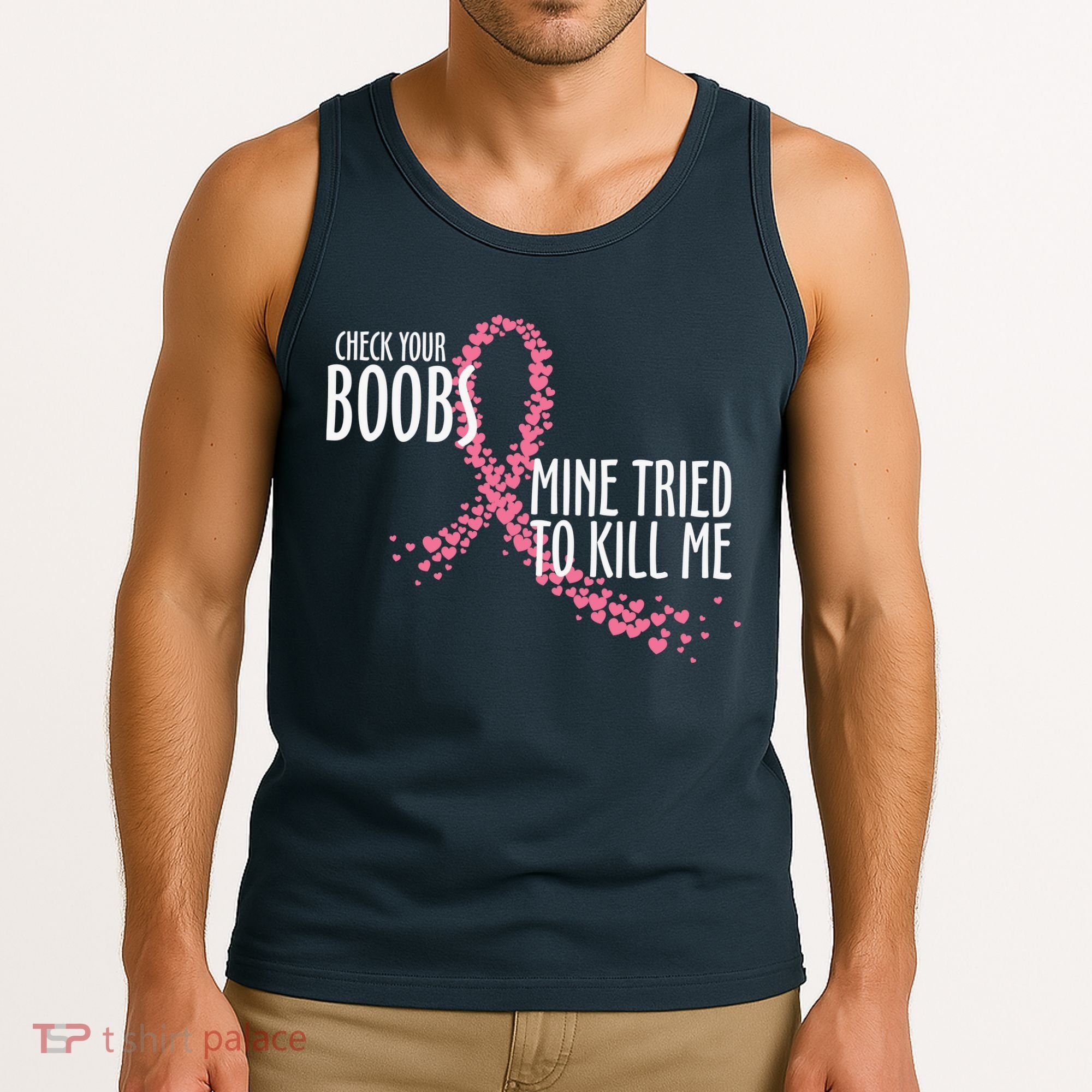 Check Your Boobs Mine Tried To Kill Me Pink Ribbon Heart Breast Cancer Tank Top