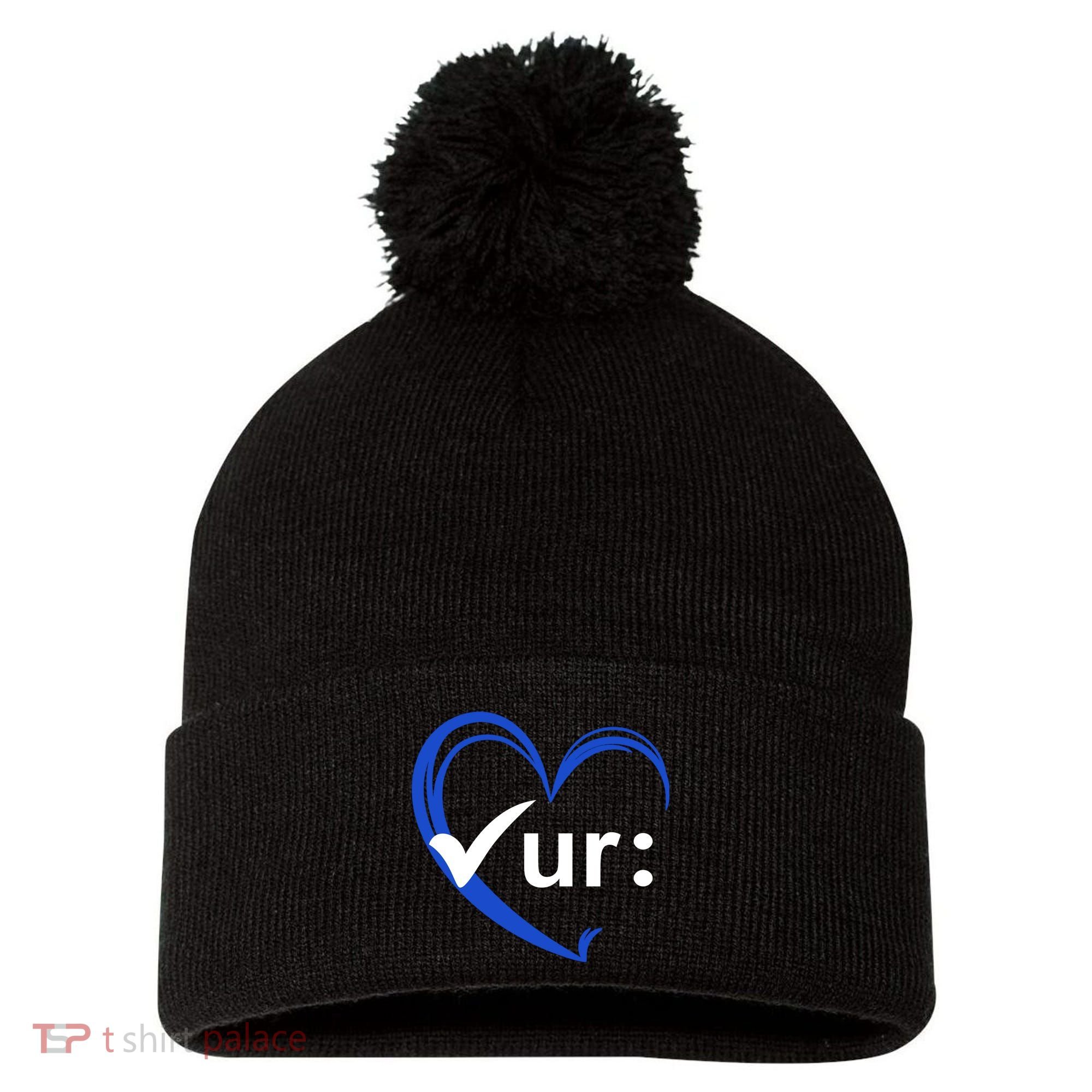 Check Your Colon Cancer Awareness Heart Pom Pom 12in Knit Beanie