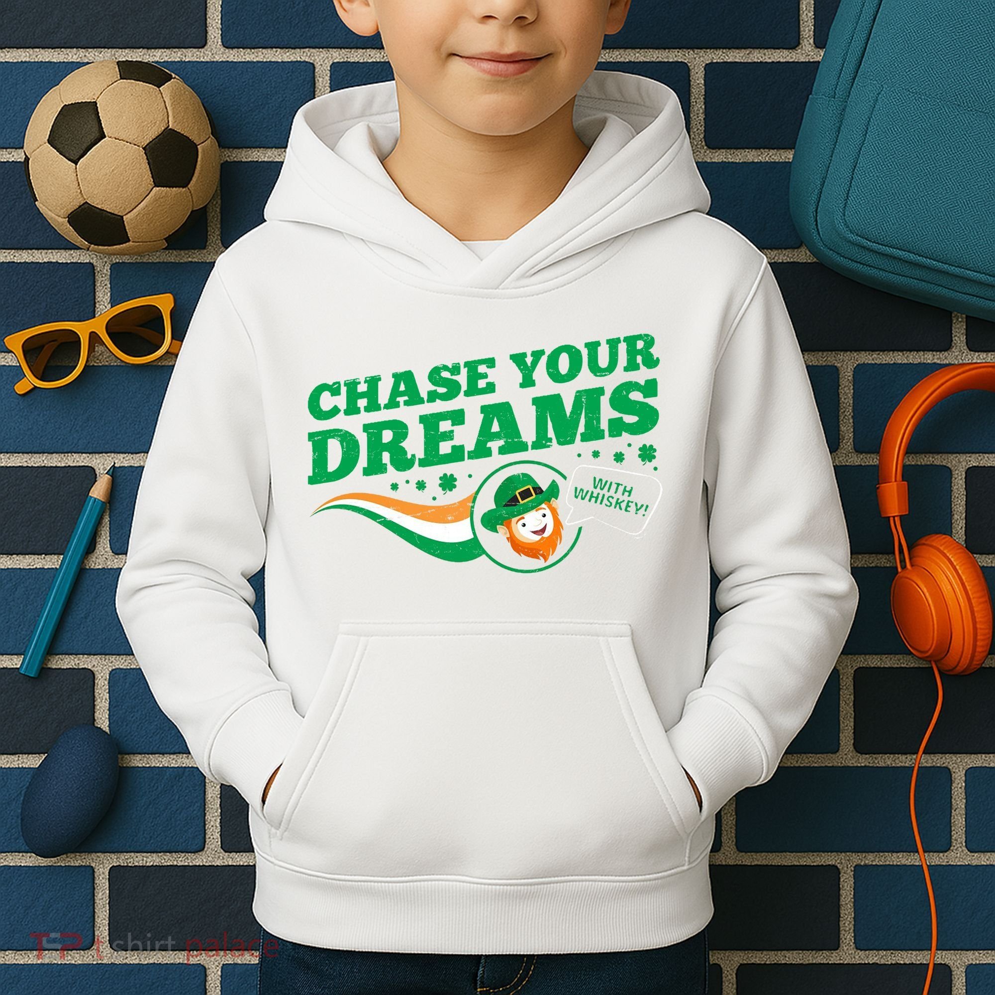 Chase Your Dreams With Whisky Leprechaun Kids Hoodie