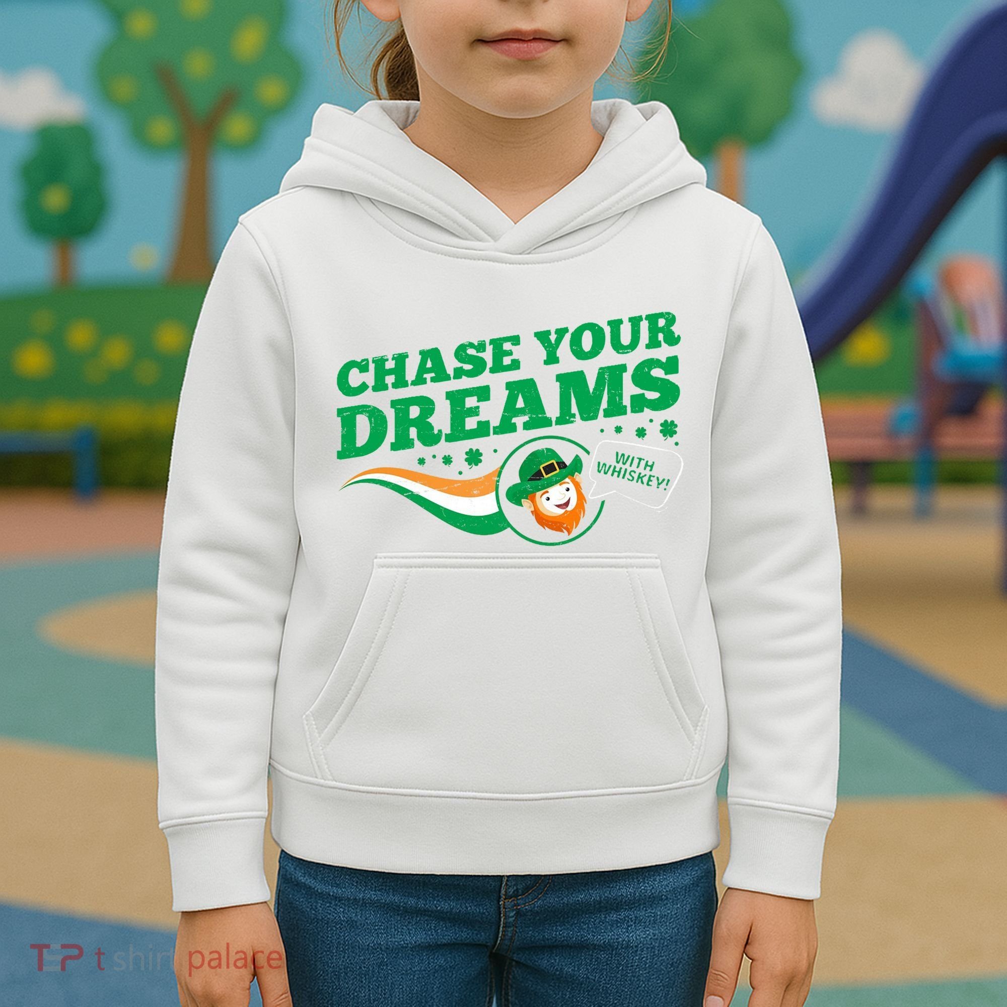 Chase Your Dreams With Whisky Leprechaun Kids Hoodie