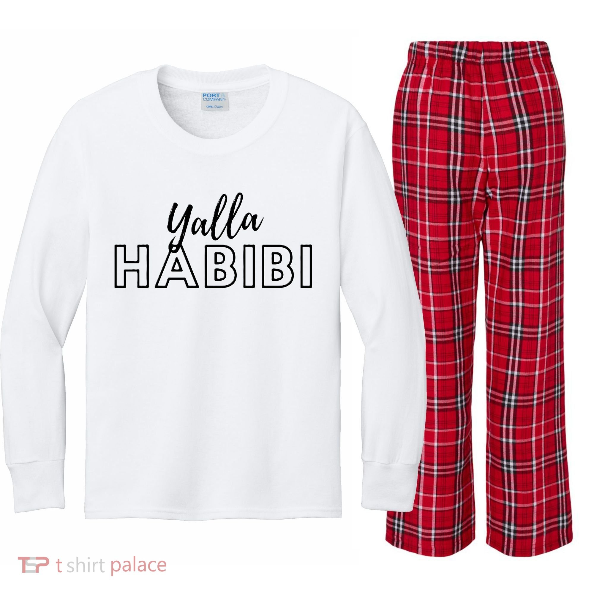 Cool Yalla Habibi Arabic Writing Kids Long Sleeve Plaid Pajama Set