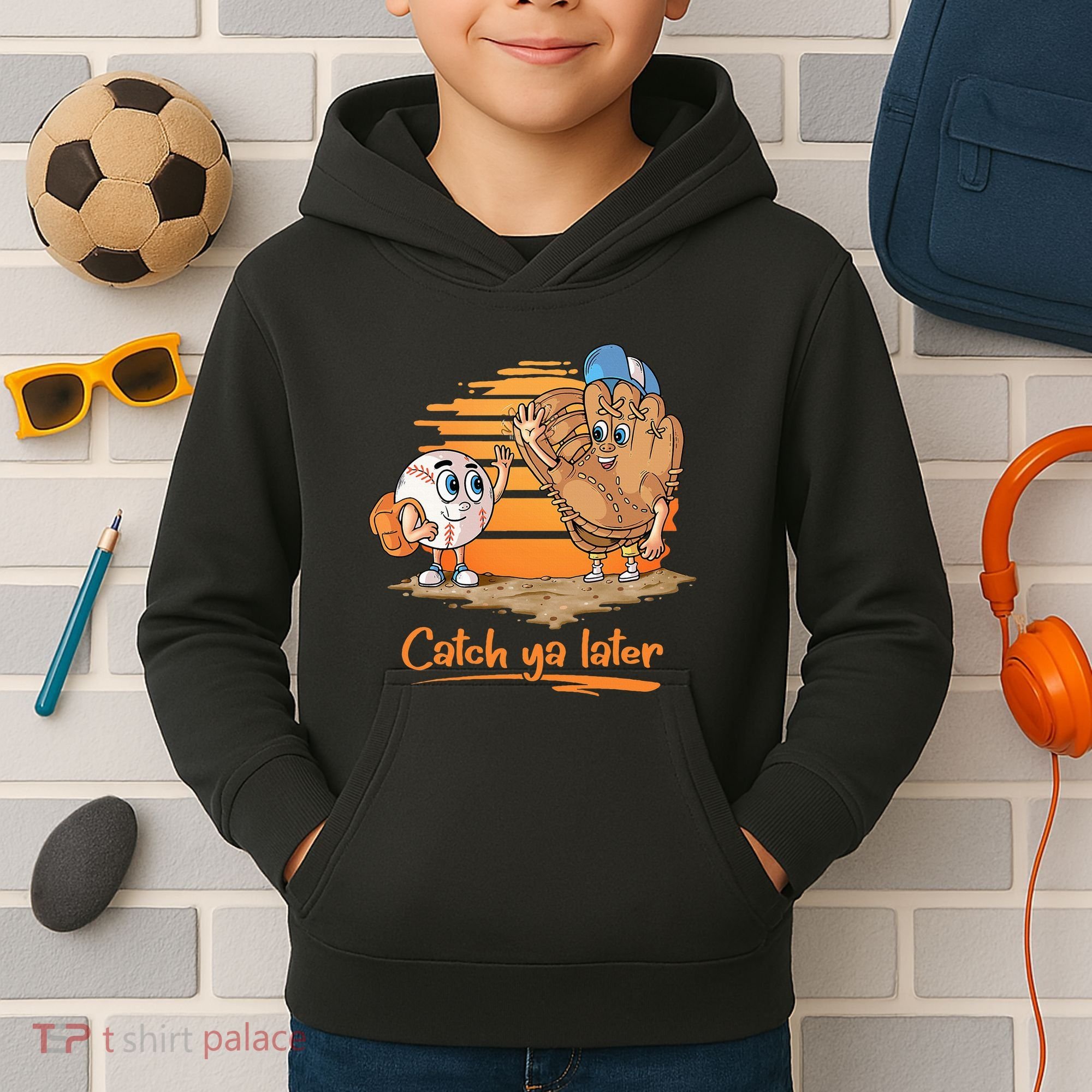 Catch Ya Later Cartoon Baseball Glove And Baseball Ball Kids Hoodie