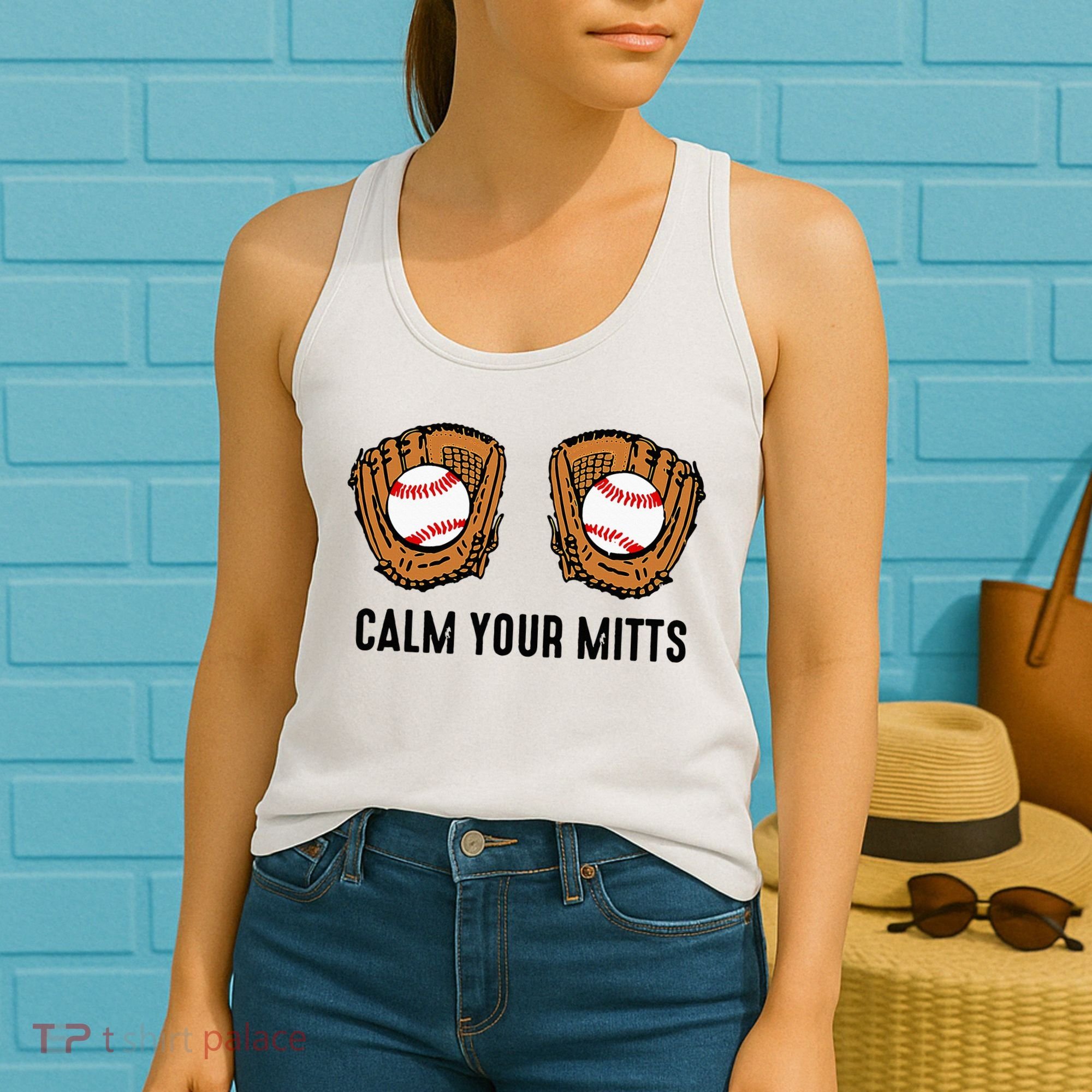 Calm Your Mitts Funny Baseball Player Game Day Sports Lover Women's Tank Top