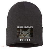 Consider Your Pants Peed Cat Funny Silly Cat Meme Sustainable Knit Beanie thumb 0
