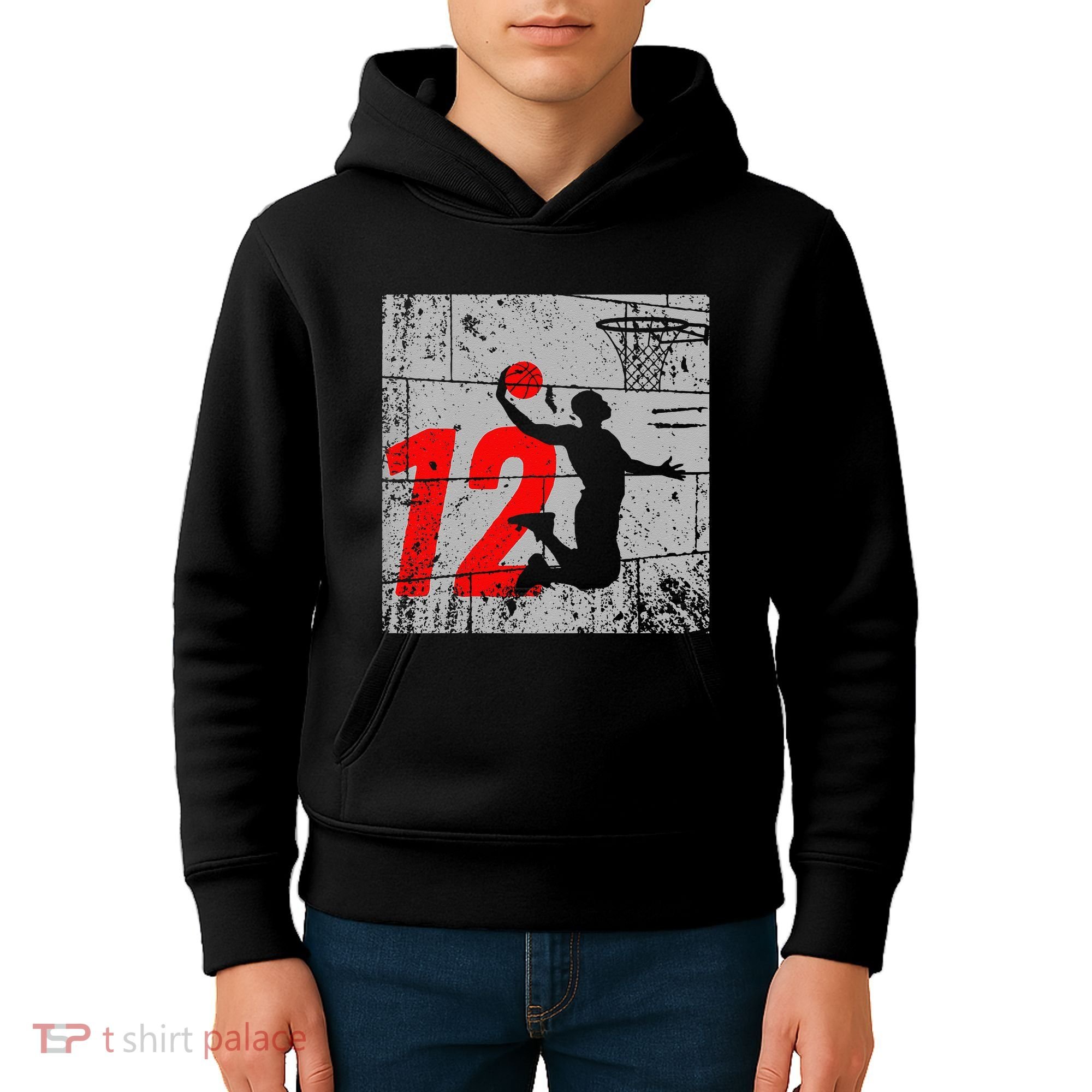 Distressed 12 Year Old 12th Basketball Birthday Slam Dunk Kids Hoodie
