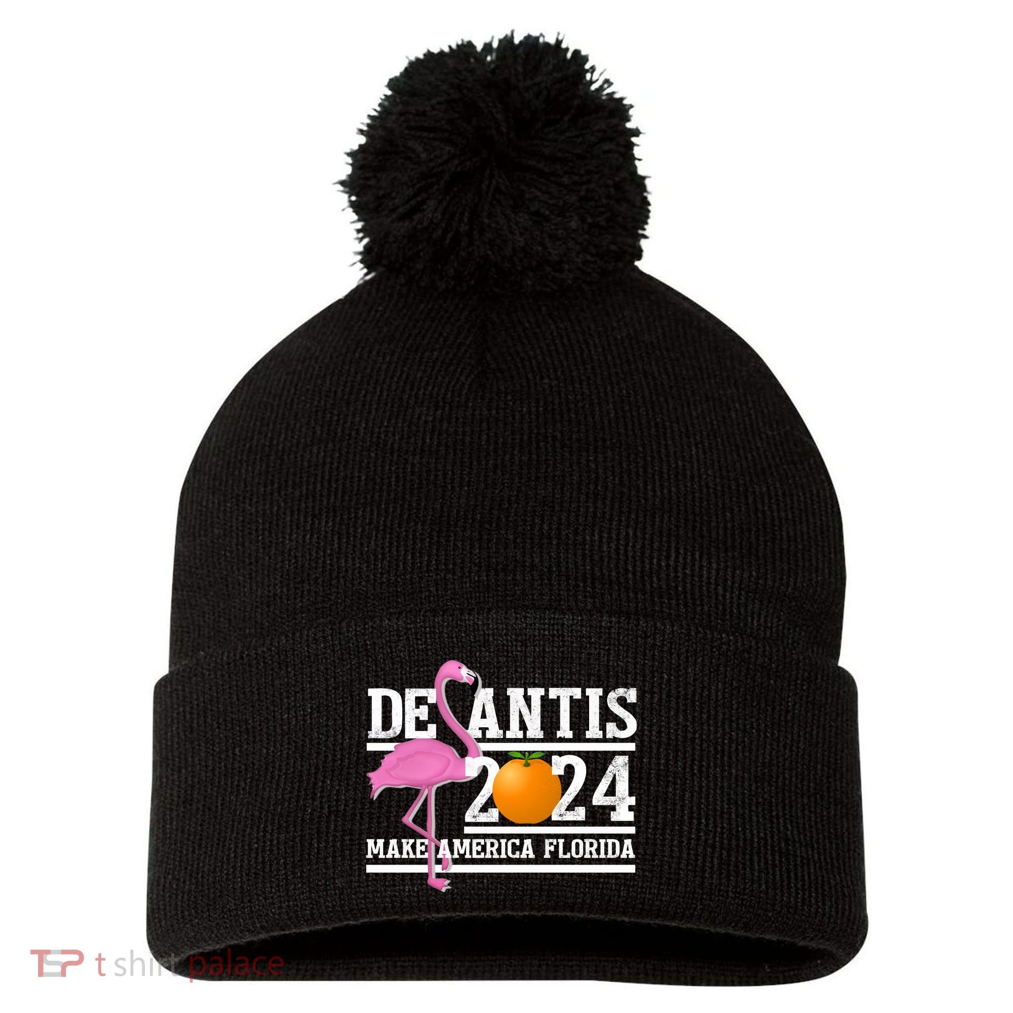 DeSantis 2024 Make America Florida Flamingo Election Pom Pom 12in Knit Beanie