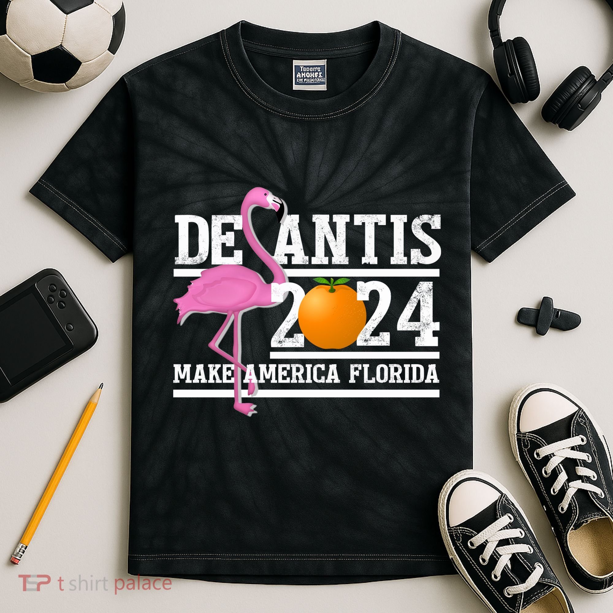 DeSantis 2024 Make America Florida Flamingo Election Kids Tie-Dye T-Shirt