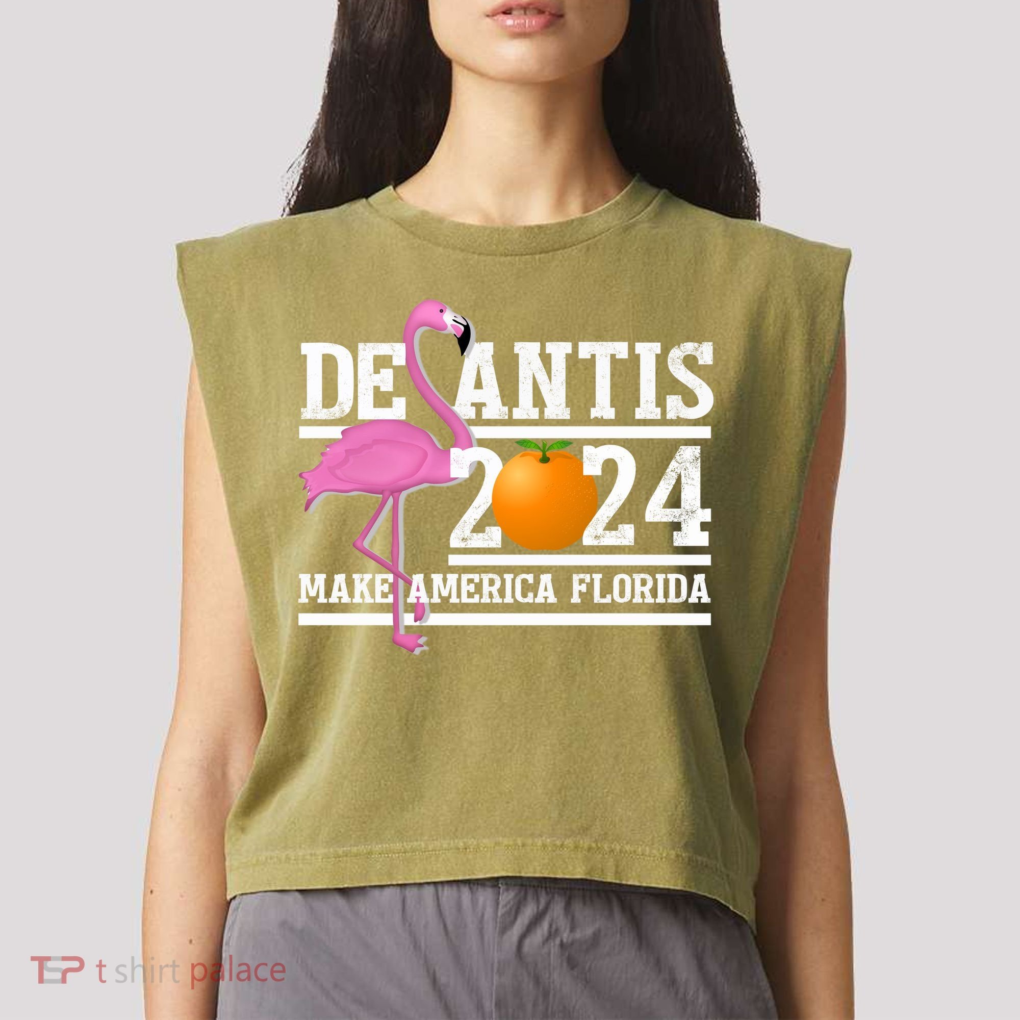 DeSantis 2024 Make America Florida Flamingo Election Garment-Dyed Women's Muscle Tee