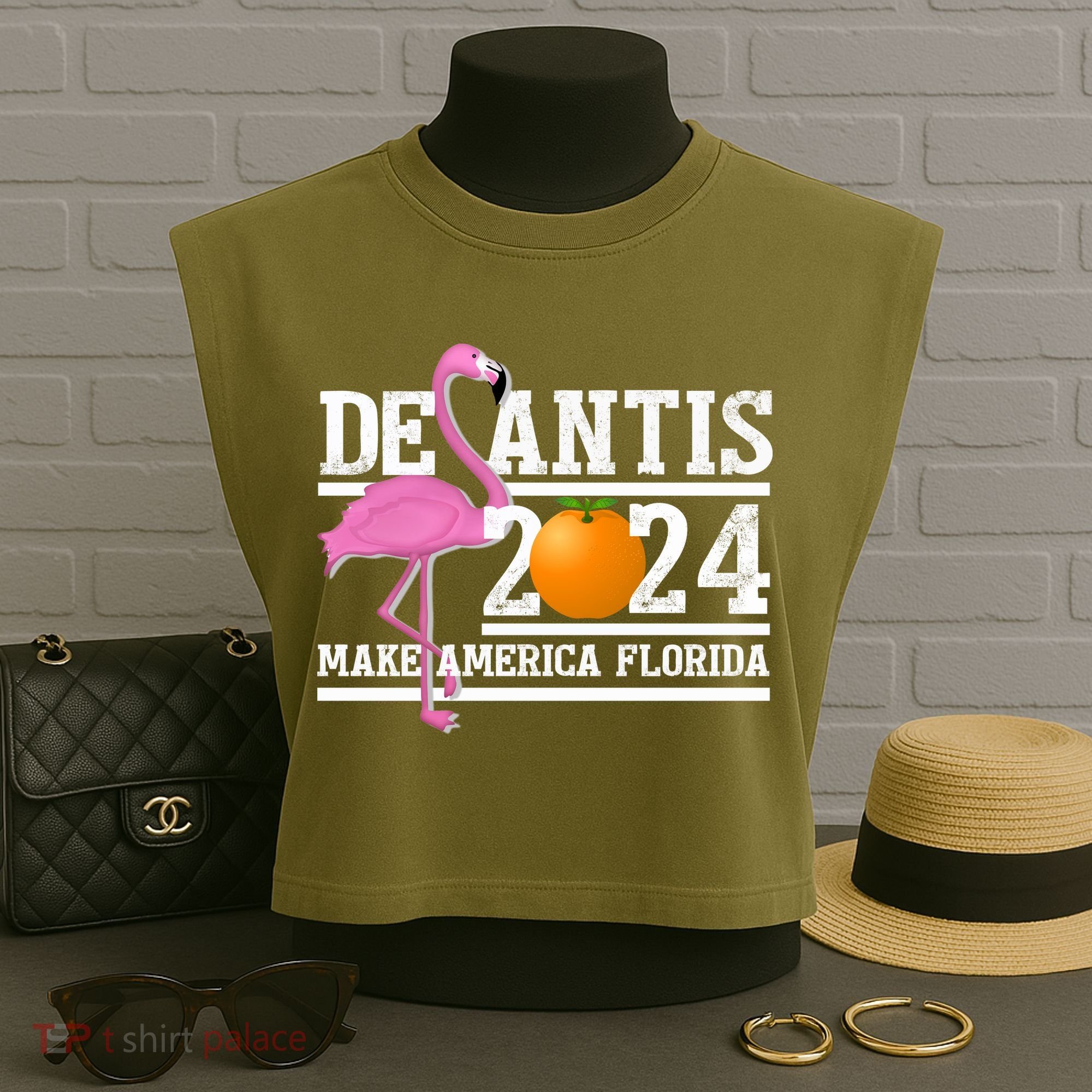 DeSantis 2024 Make America Florida Flamingo Election Garment-Dyed Women's Muscle Tee