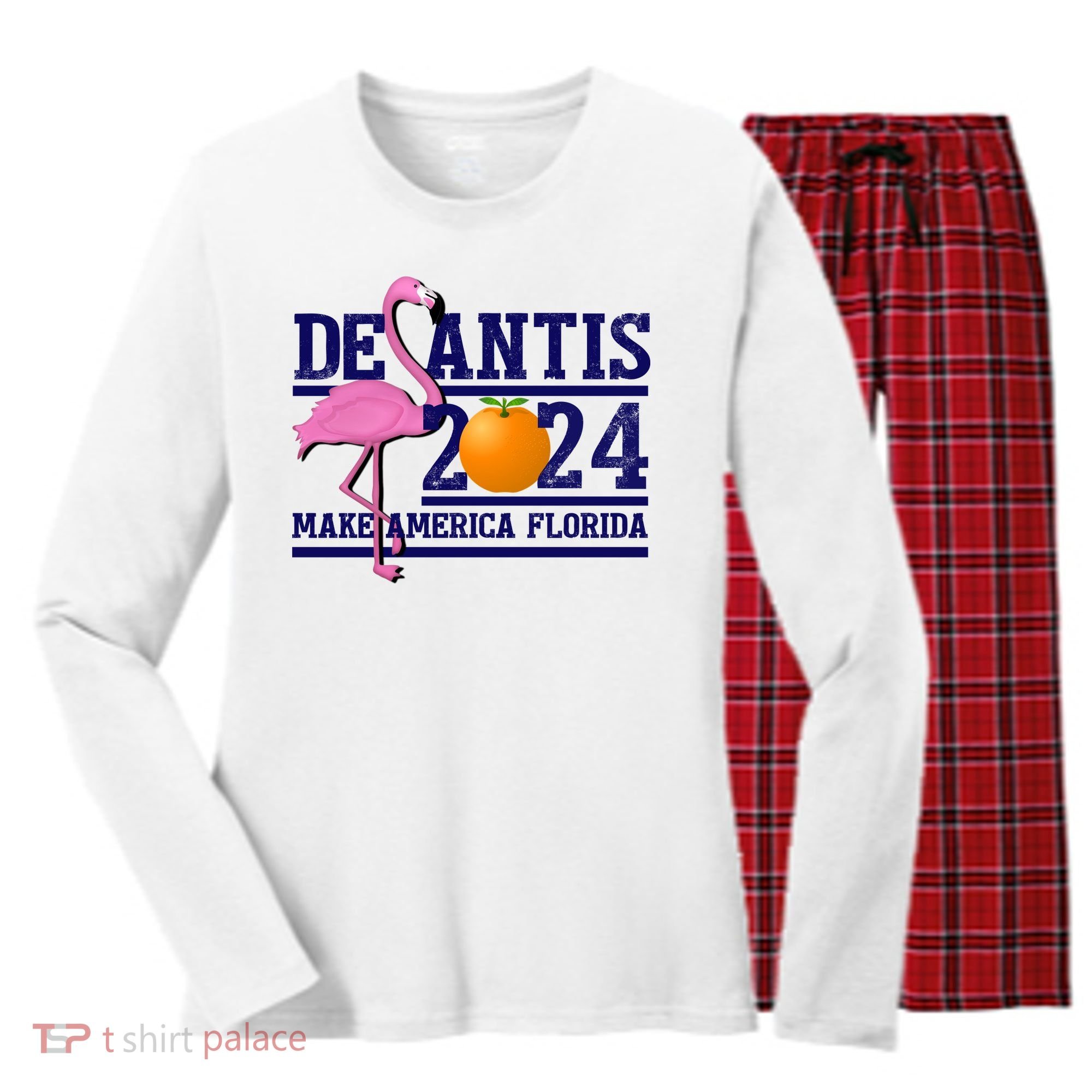 DeSantis 2024 Make America Florida Flamingo Election Women's Long Sleeve Flannel Pajama Set 