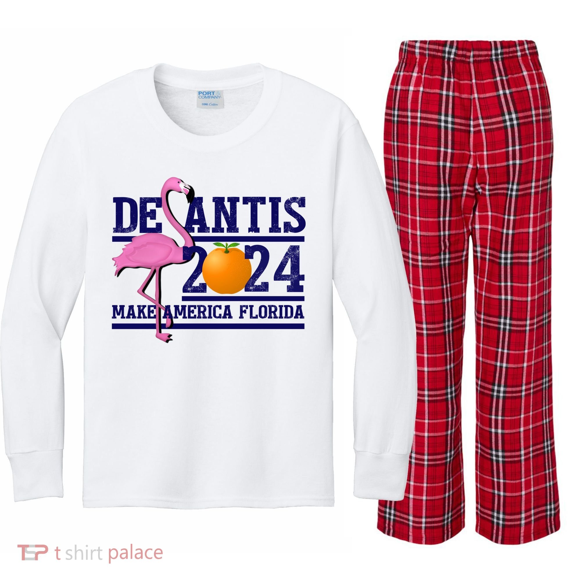 DeSantis 2024 Make America Florida Flamingo Election Kids Long Sleeve Plaid Pajama Set
