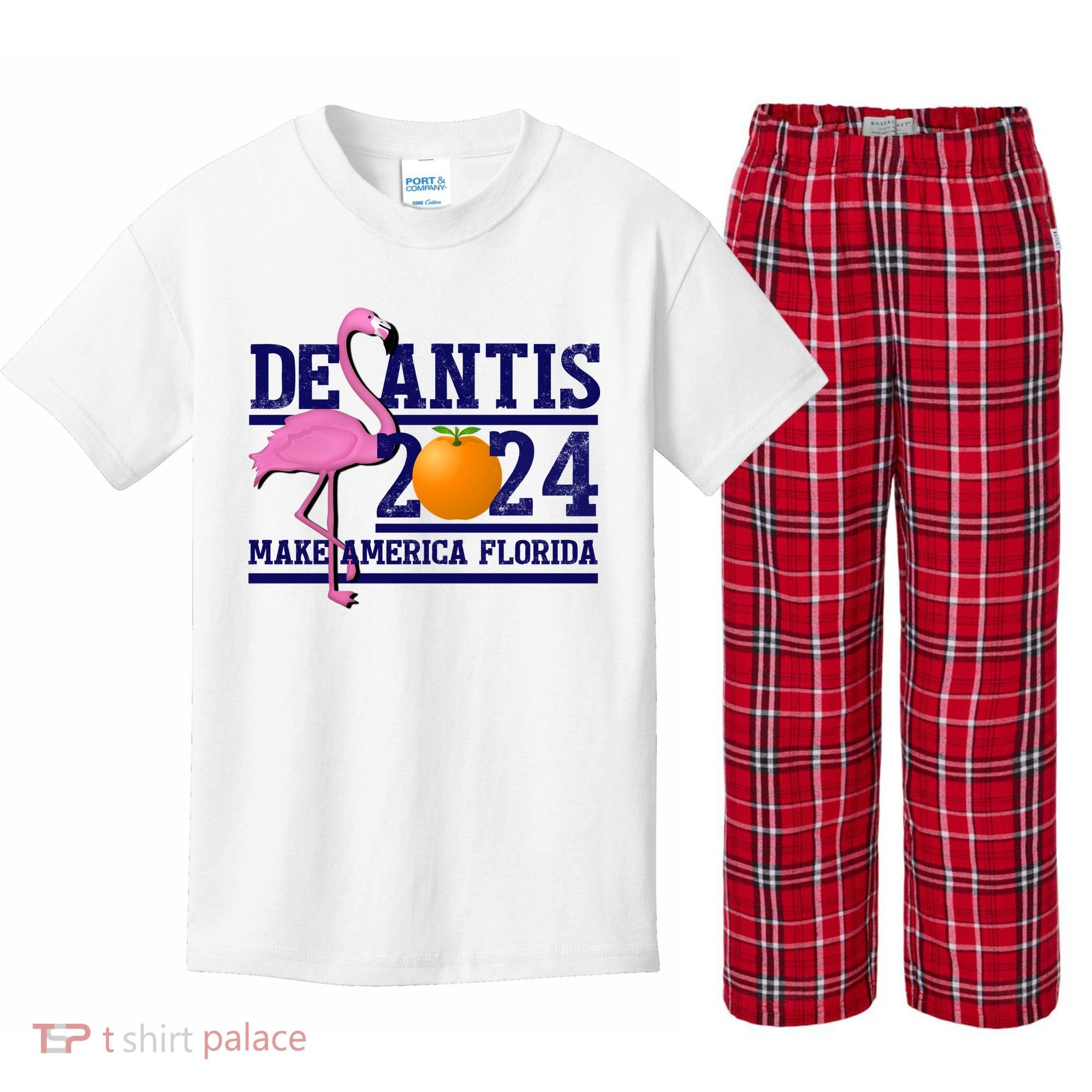 DeSantis 2024 Make America Florida Flamingo Election Kids Plaid Pajama Set