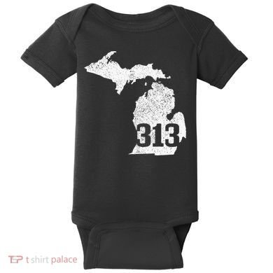 Detroit 313 Area Code Michigan Map State Pride Vintage Baby Bodysuit