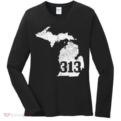 Detroit 313 Area Code Michigan Map State Pride Vintage Women's Long Sleeve Shirt