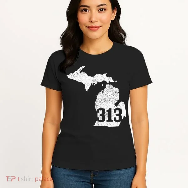 Detroit 313 Area Code Michigan Map State Pride Vintage Women's T-Shirt