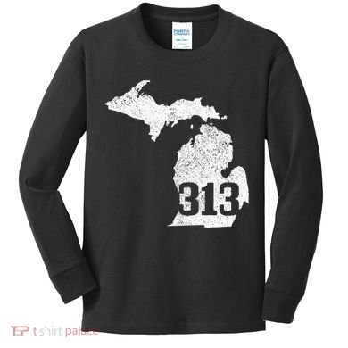 Detroit 313 Area Code Michigan Map State Pride Vintage Kids Long Sleeve Shirt