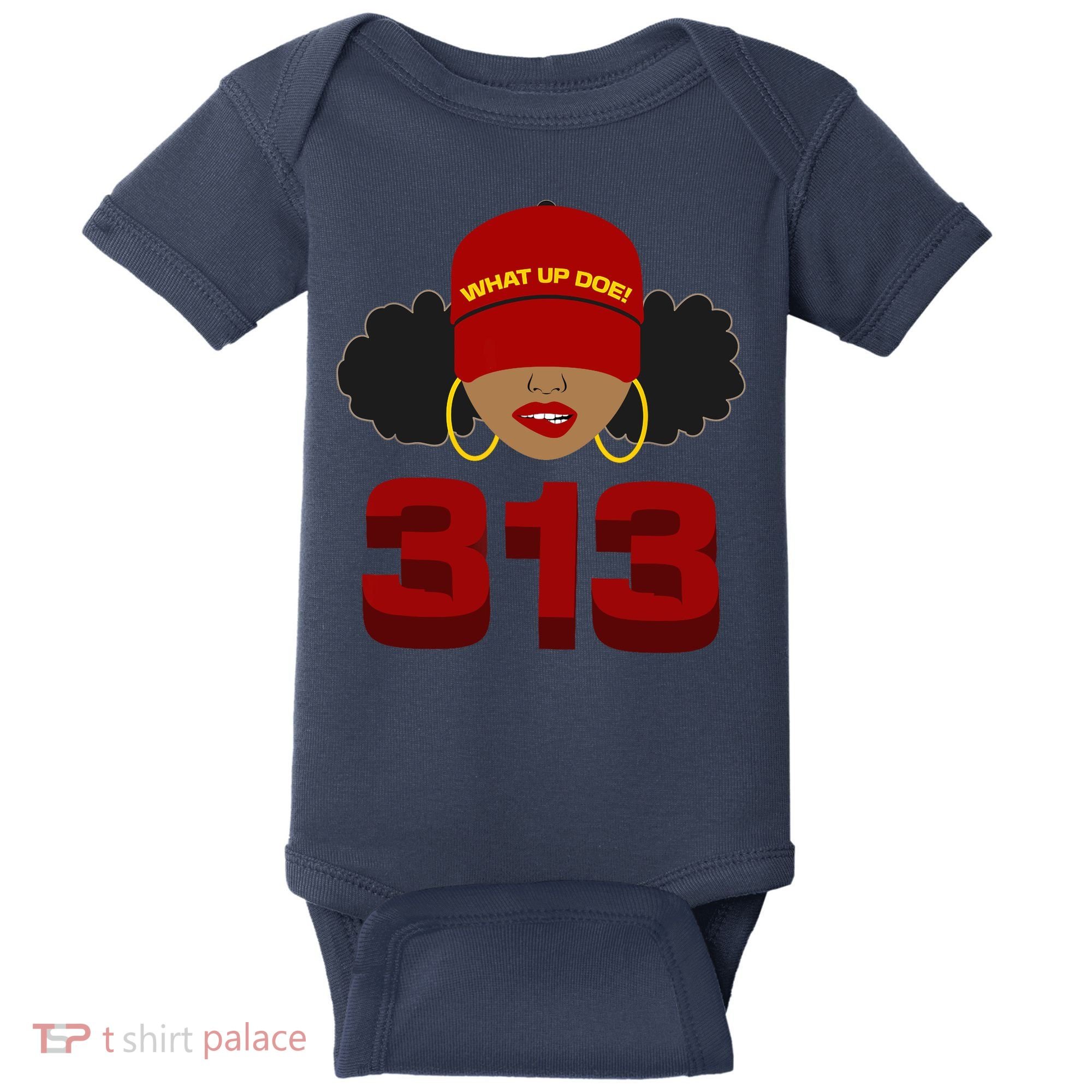 Detroit 313 Area Code What Up Doe Black Woman Baby Bodysuit
