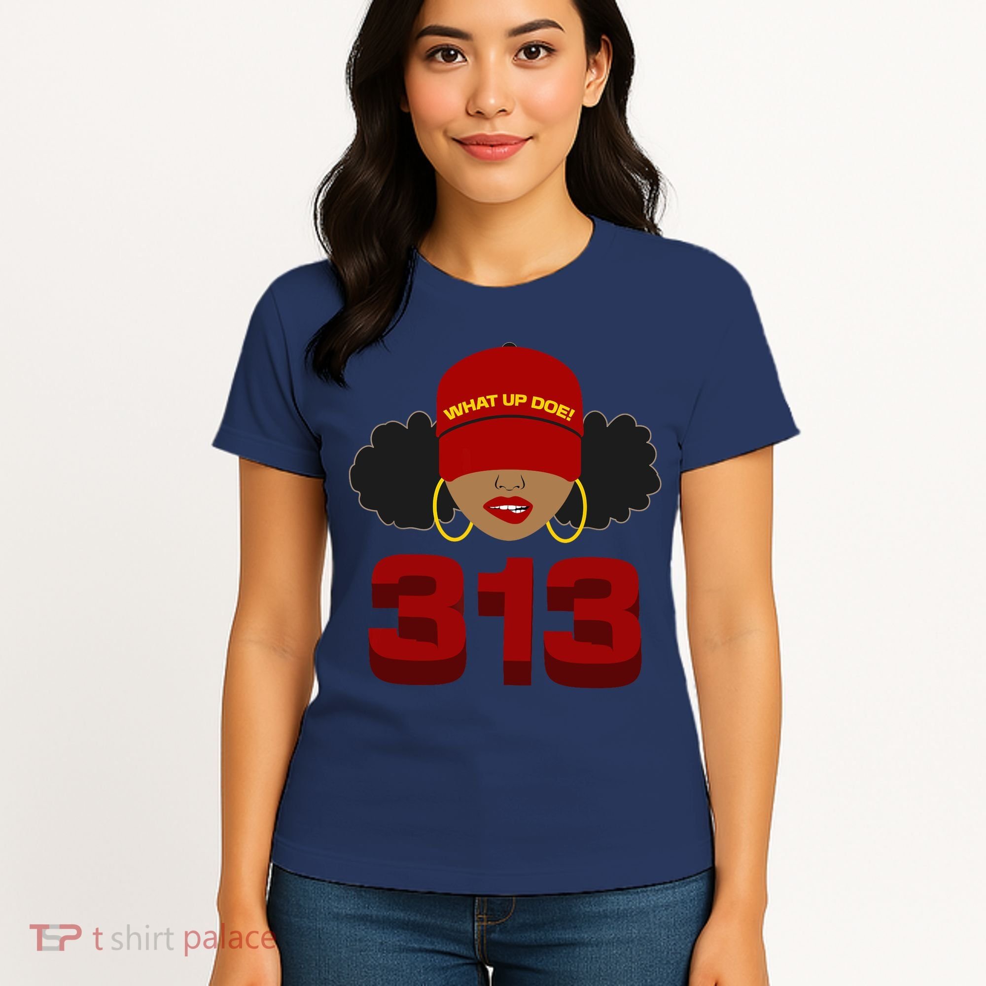 Detroit 313 Area Code What Up Doe Black Woman Women's T-Shirt