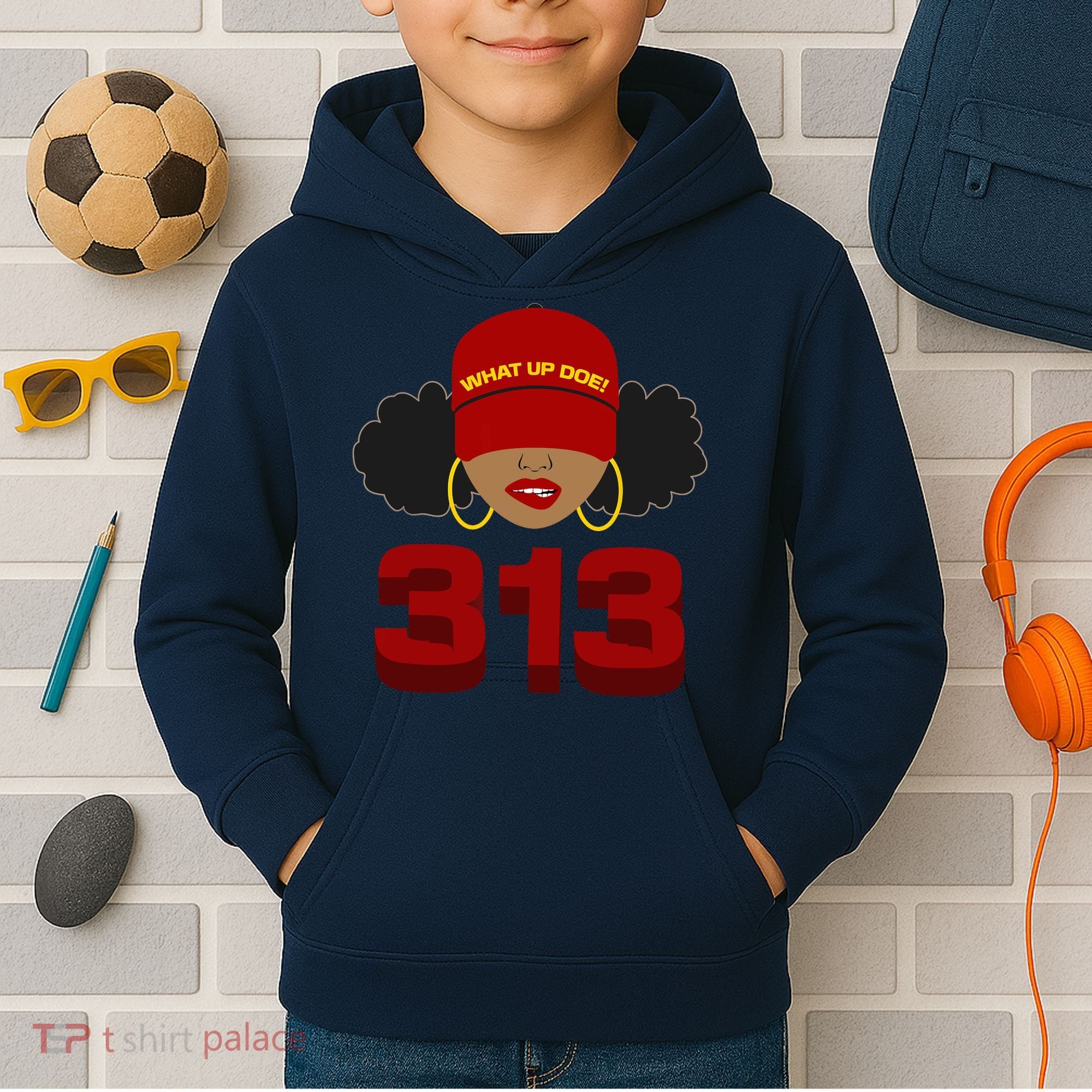 Detroit 313 Area Code What Up Doe Black Woman Kids Hoodie