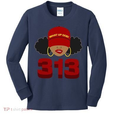 Detroit 313 Area Code What Up Doe Black Woman Kids Long Sleeve Shirt