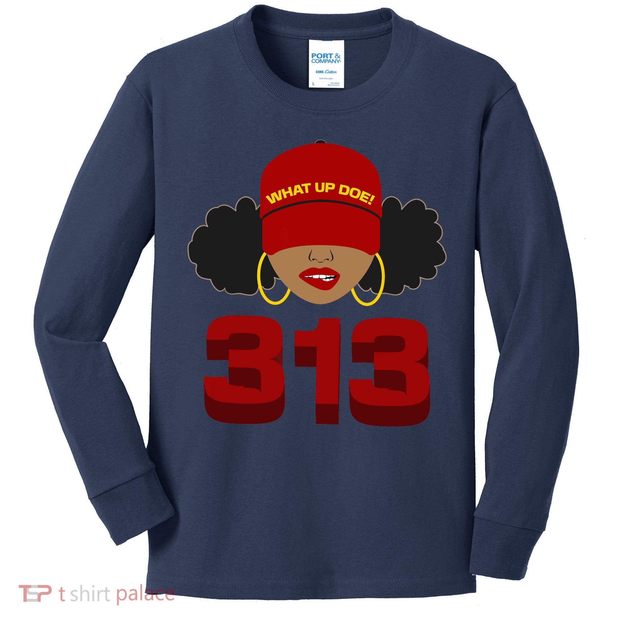 Detroit 313 Area Code What Up Doe Black Woman Kids Long Sleeve Shirt
