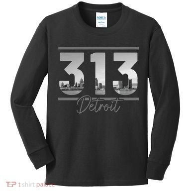 Detroit 313 Area Code Skyline Michigan Vintage Kids Long Sleeve Shirt