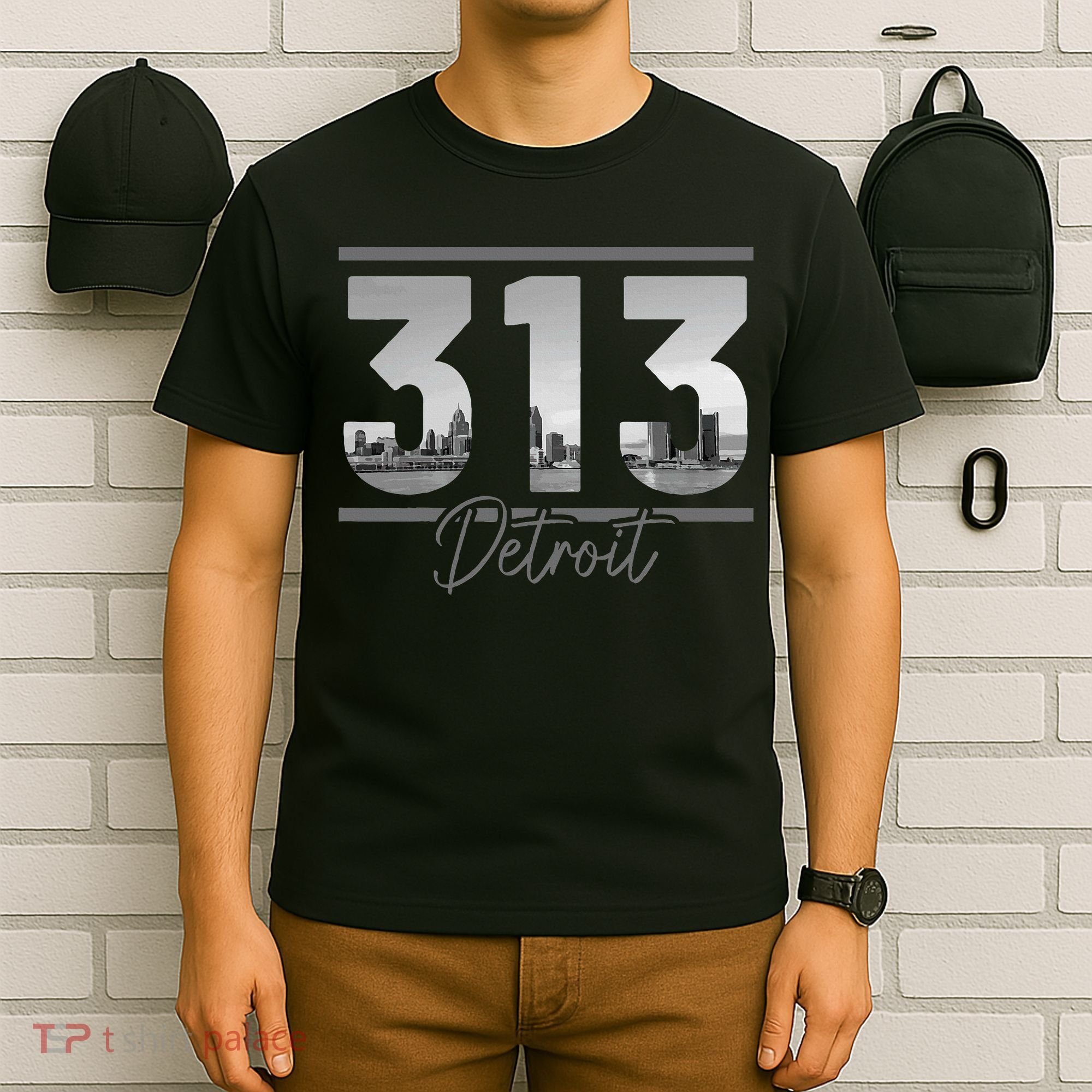 Detroit 313 Area Code Skyline Michigan T-Shirt