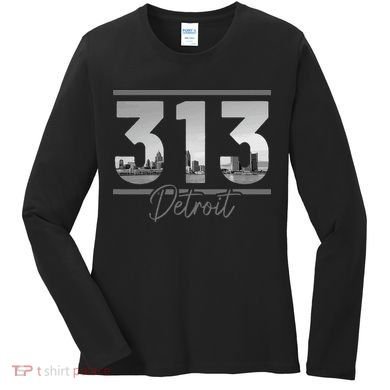 Detroit 313 Area Code Skyline Michigan Women's Long Sleeve Shirt