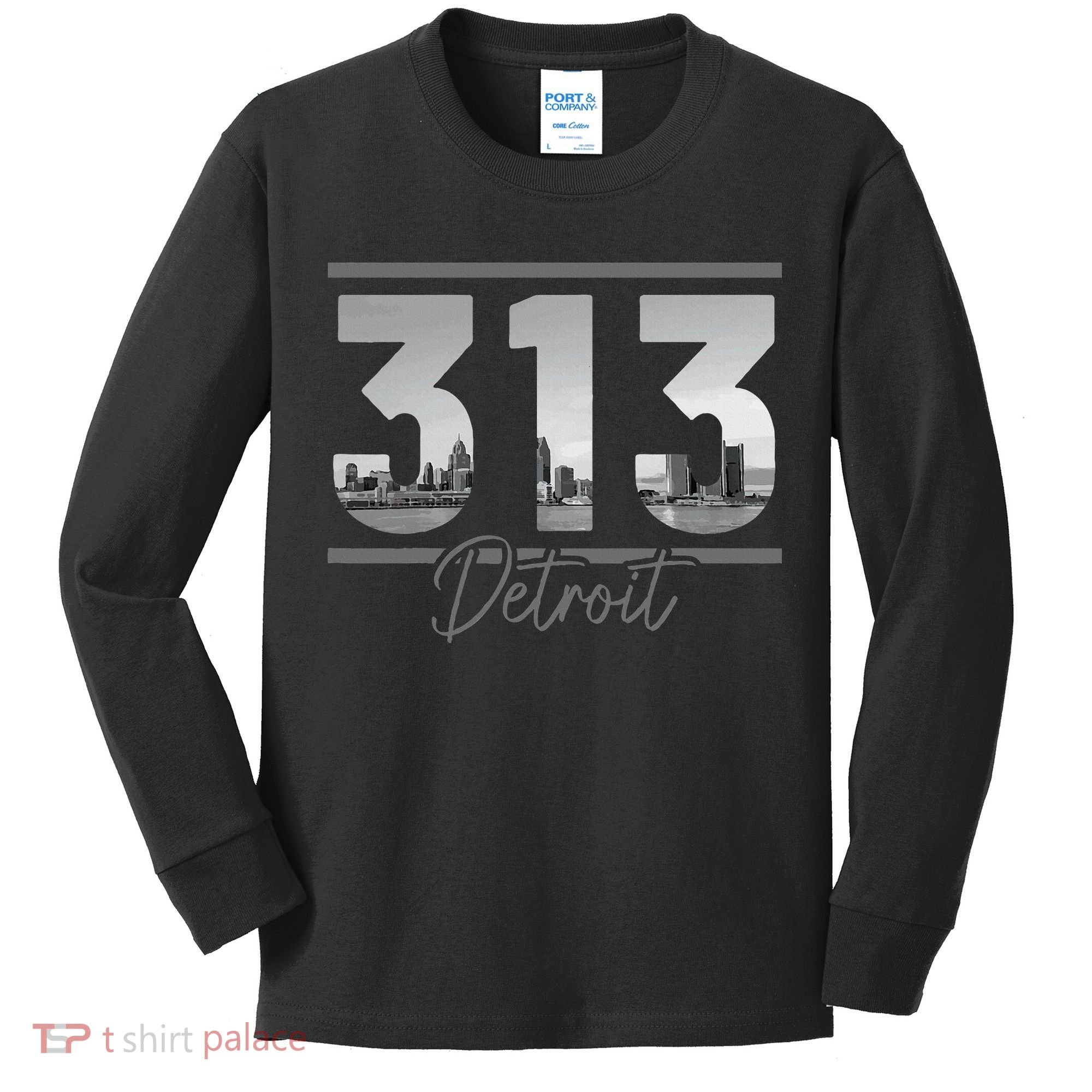 Detroit 313 Area Code Skyline Michigan Kids Long Sleeve Shirt