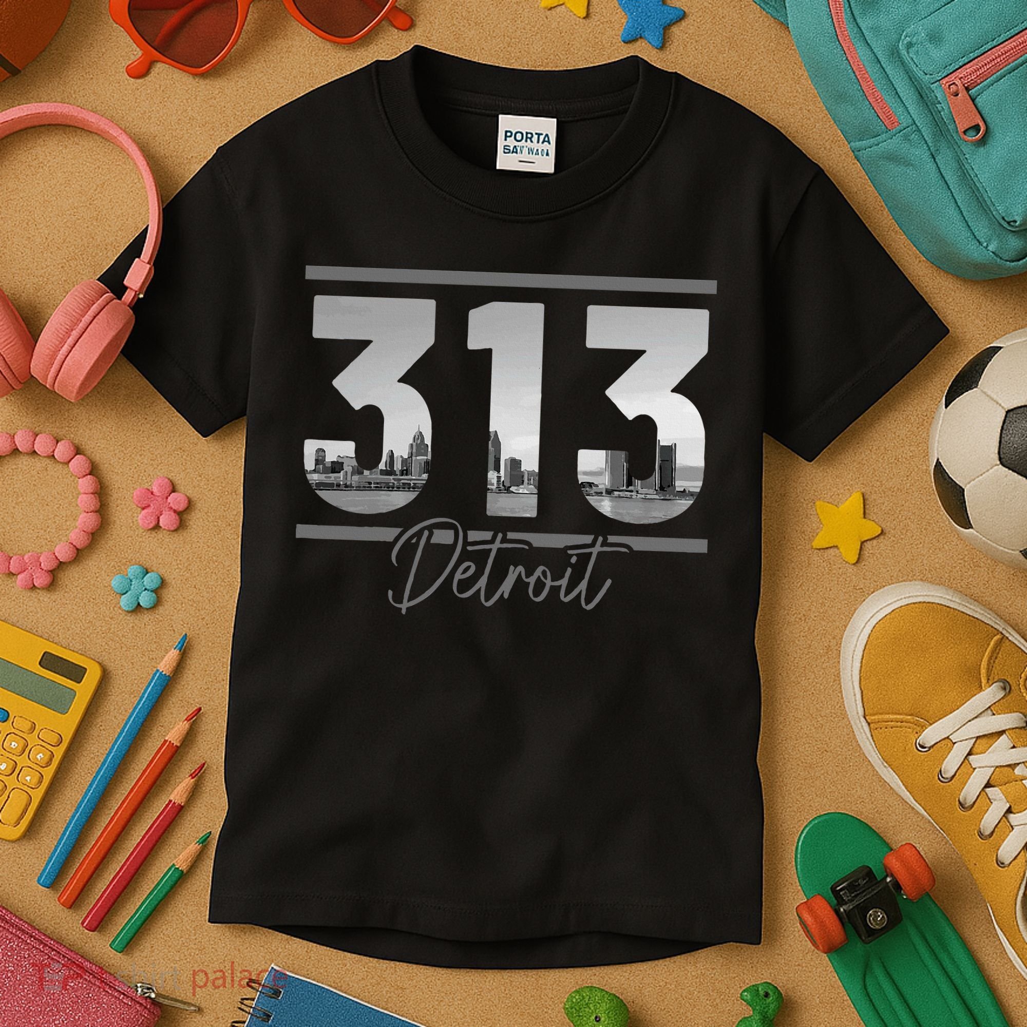 Detroit 313 Area Code Skyline Michigan Kids T-Shirt