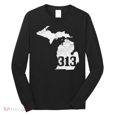 Detroit 313 Area Code Michigan Map State Pride Vintage Long Sleeve Shirt