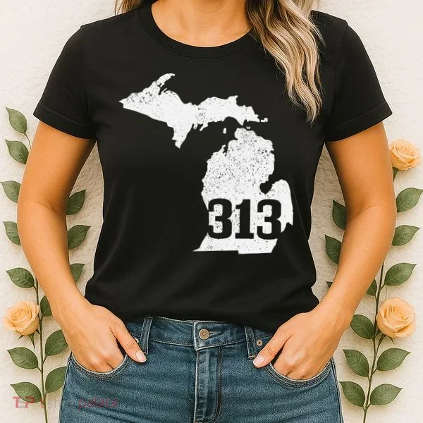 Detroit 313 Area Code Michigan Map State Pride Vintage Women's T-Shirt