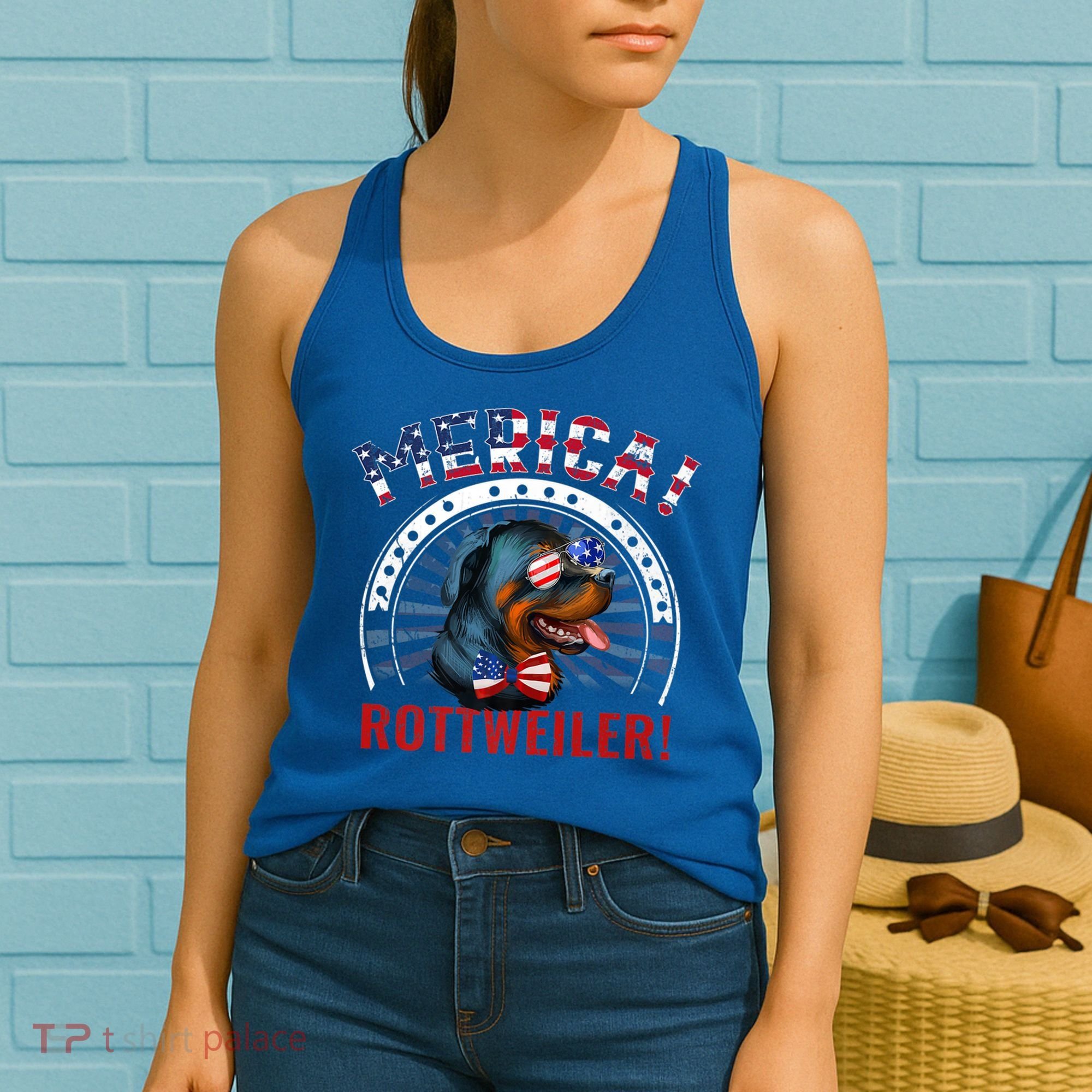 Dogs 365 Merica Rottweiler Dog American Flag 4th Of July Usa Gift Women's Tank Top