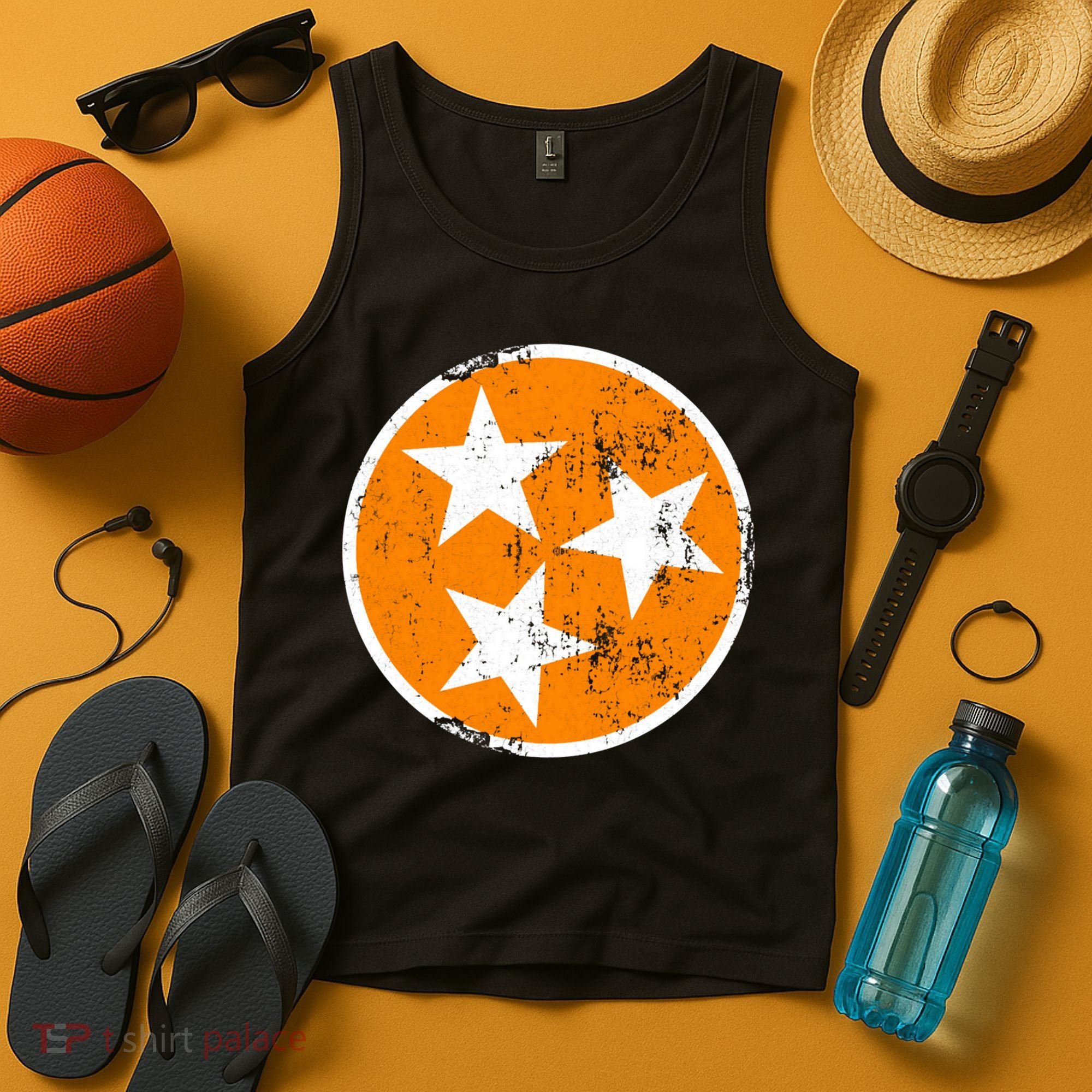 Distressed 3 Star Tn State Orange And White Tennessee Flag Tank Top