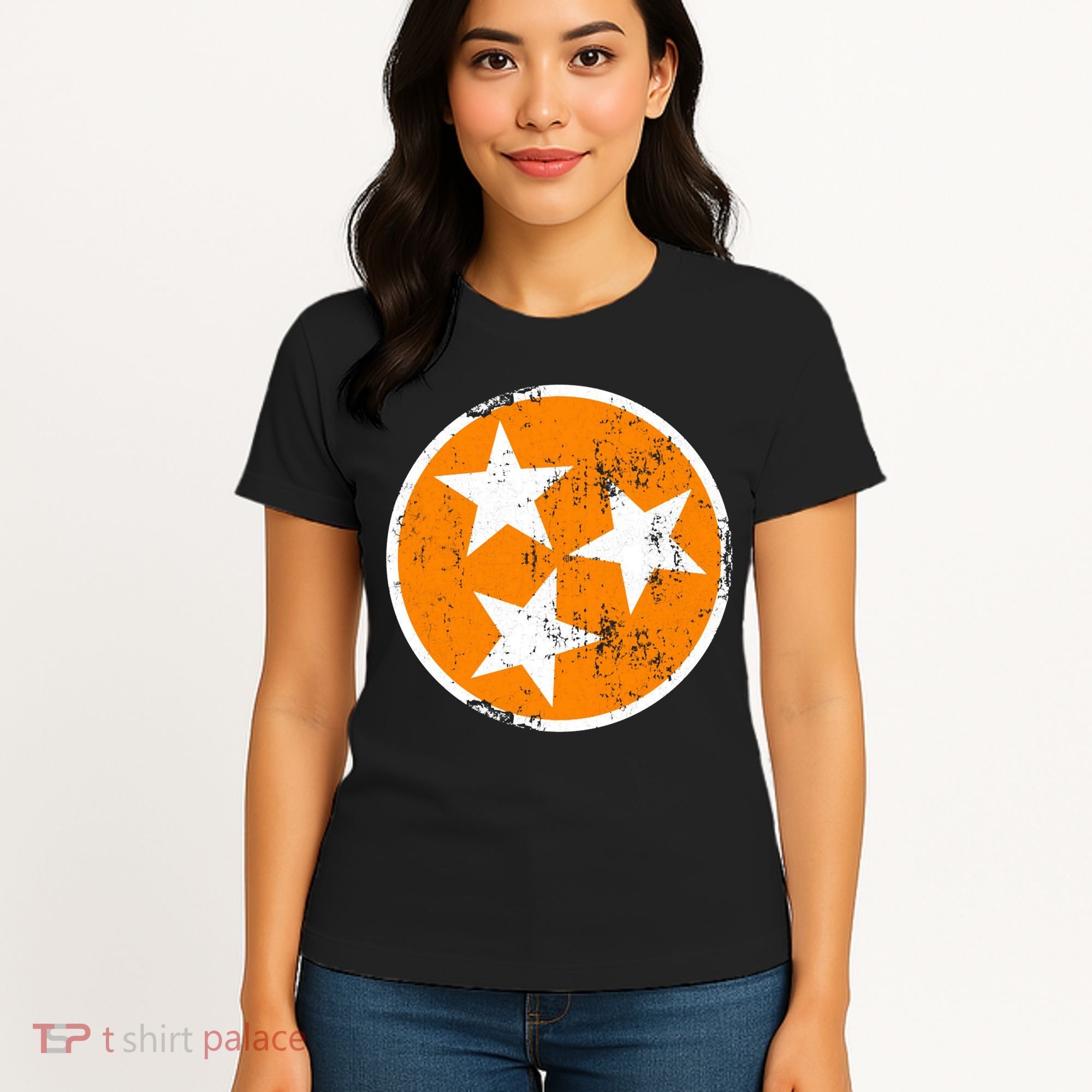 Distressed 3 Star Tn State Orange And White Tennessee Flag Women's T-Shirt