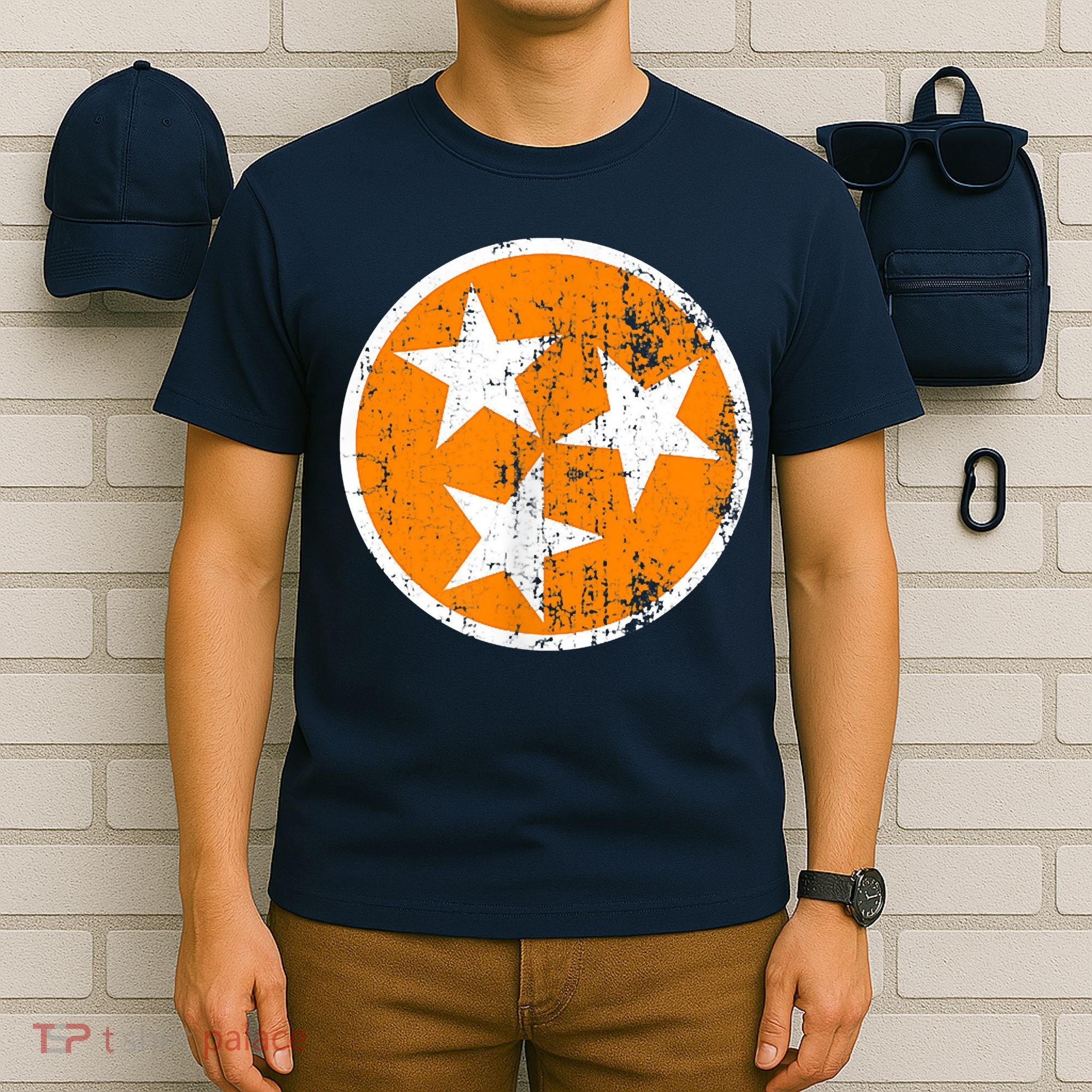 Distressed 3 Star Tn State Orange And White Tennessee Flag T-Shirt