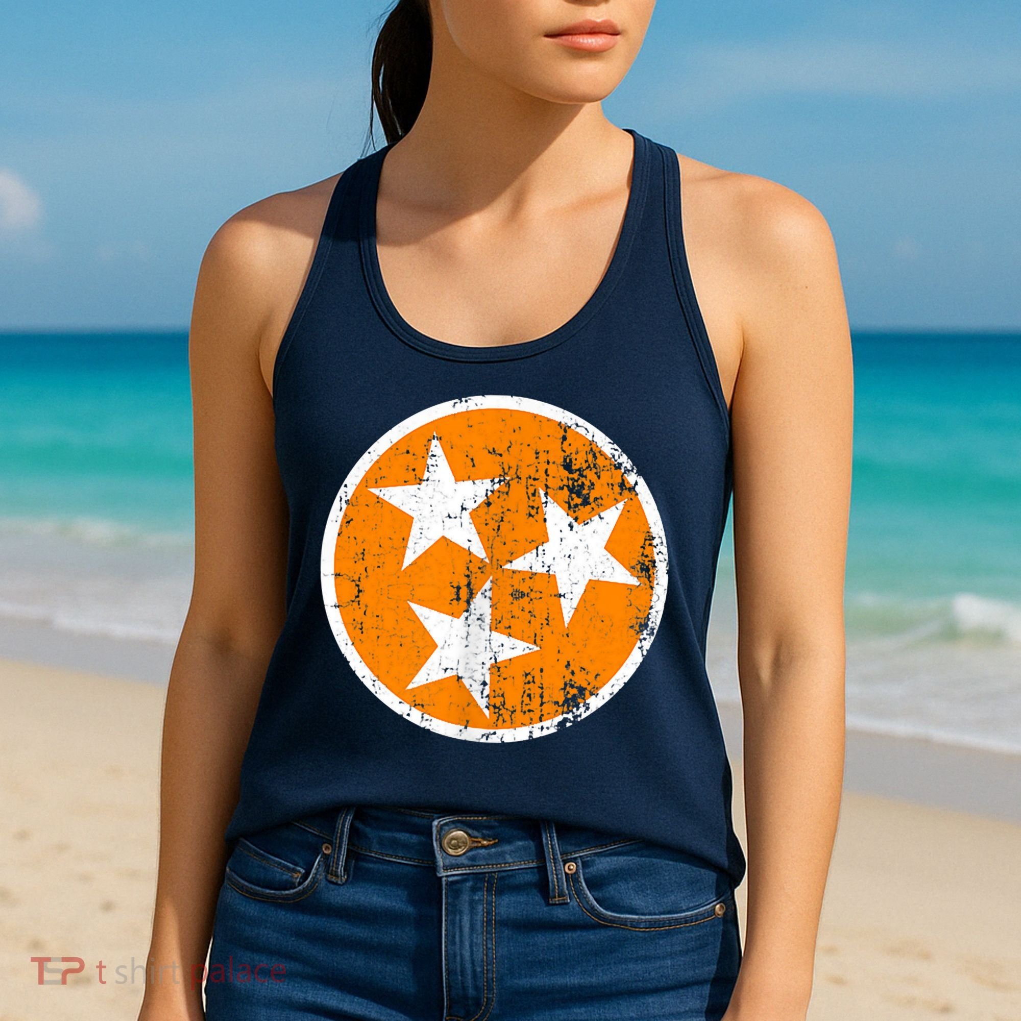 Distressed 3 Star Tn State Orange And White Tennessee Flag Women's Tank Top