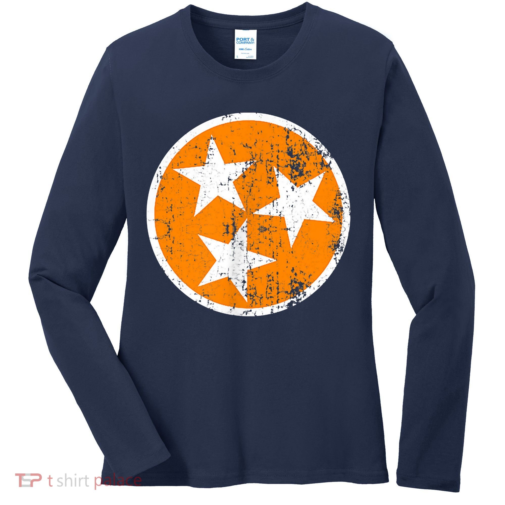Distressed 3 Star Tn State Orange And White Tennessee Flag Women's Long Sleeve Shirt