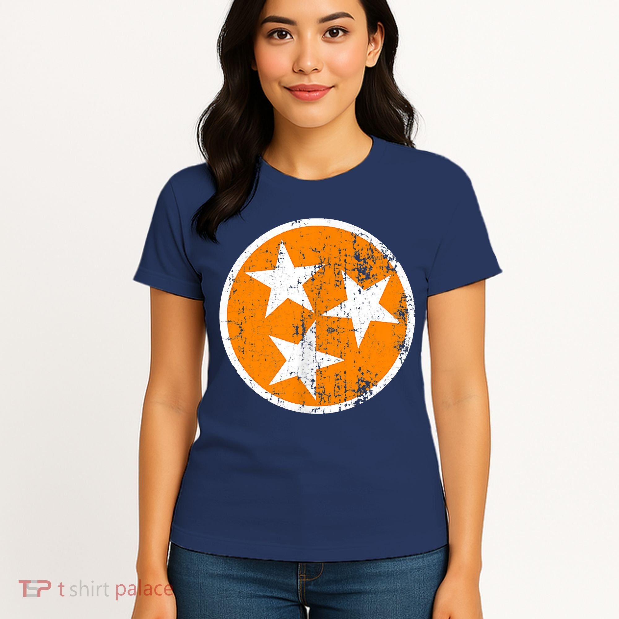 Distressed 3 Star Tn State Orange And White Tennessee Flag Women's T-Shirt