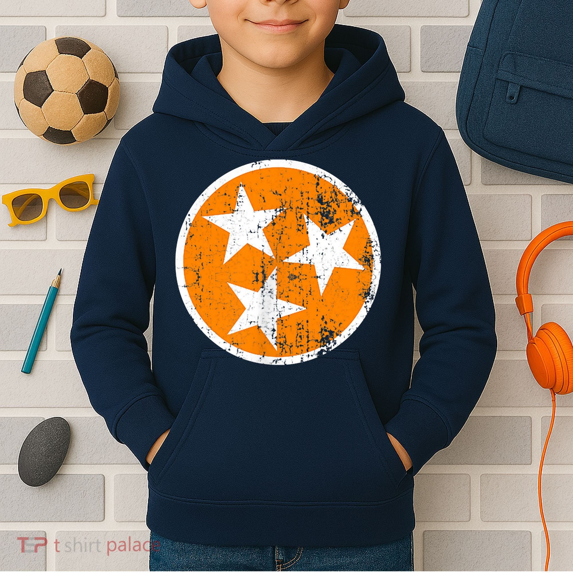 Distressed 3 Star Tn State Orange And White Tennessee Flag Kids Hoodie