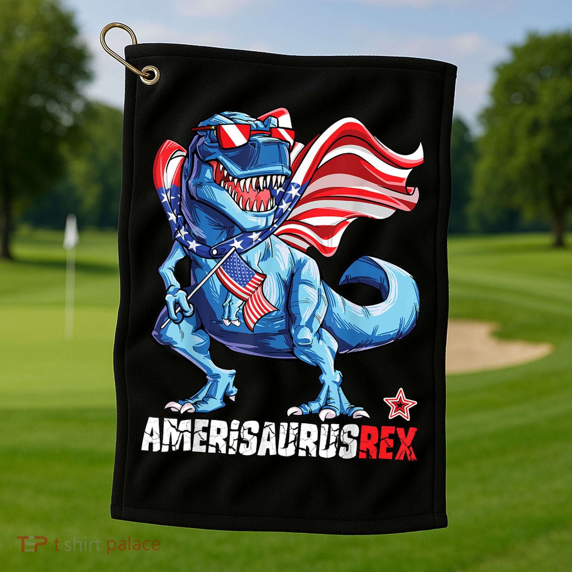 Dinosaur 4th Of July Amerisaurus T Rex Funny Golf Towel