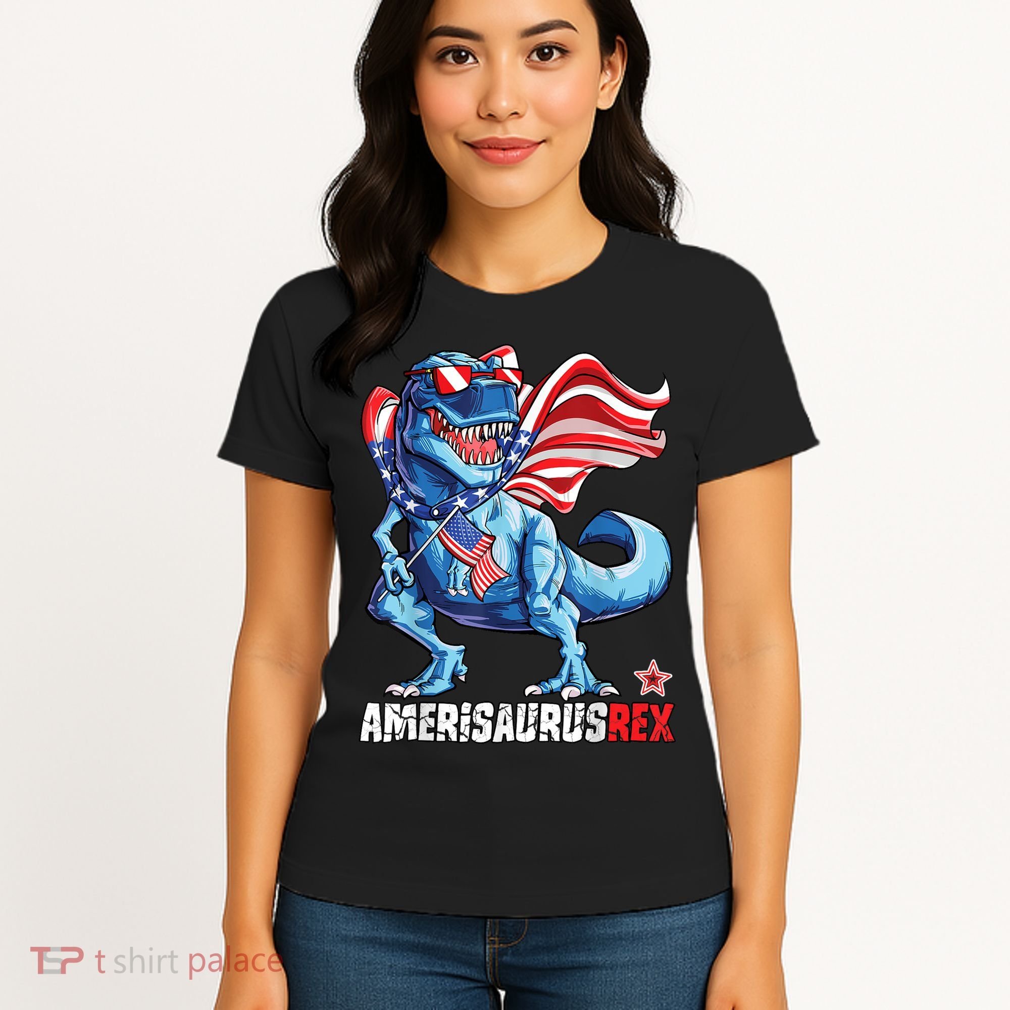 Dinosaur 4th Of July Amerisaurus T Rex Funny Women's T-Shirt