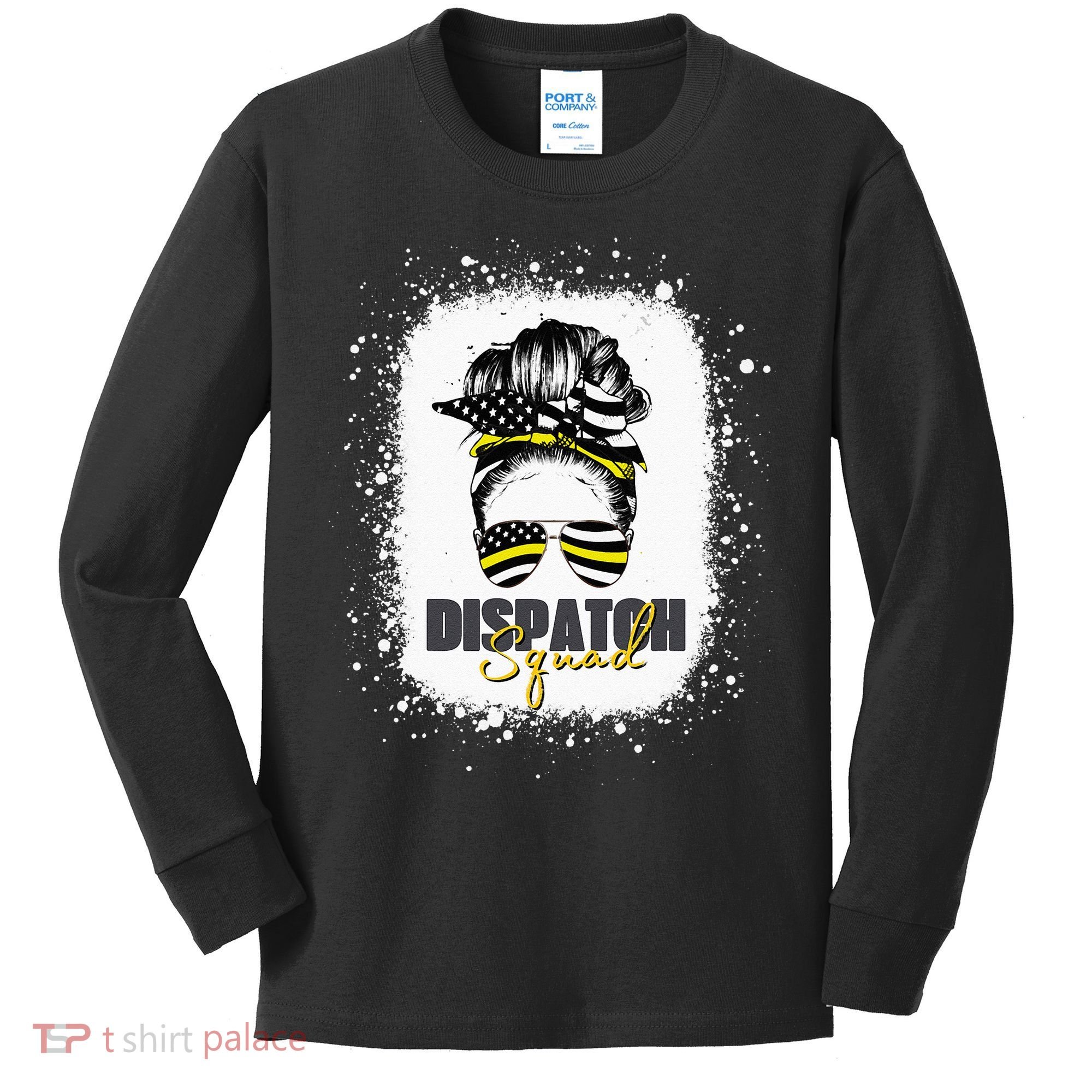Dispatcher 911 Women Messy Bun American Flag Dispatch Squad Kids Long Sleeve Shirt
