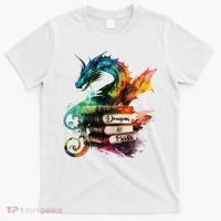 Dragons And Books Watercolor Fantasy Dragon Lover Theme T-Shirt thumb 0