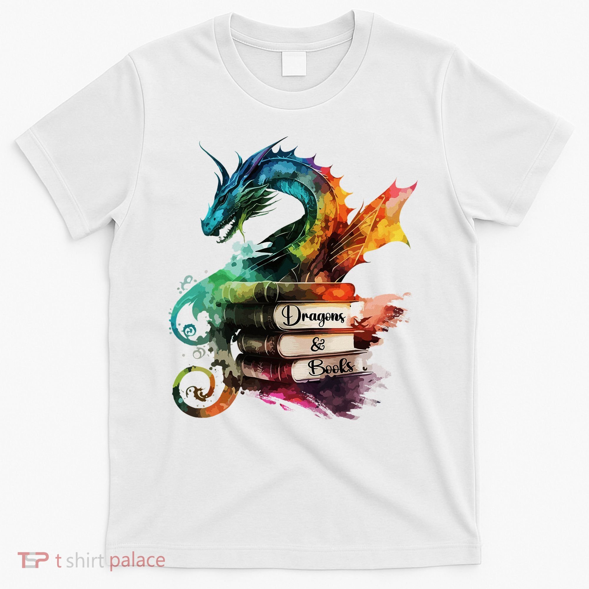 Dragons And Books Watercolor Fantasy Dragon Lover Theme T-Shirt